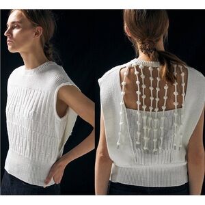 AKIRANAKA Akira Naka Off White Cotton Dahilia Back Fringe Knit Sweater Top 1/XS